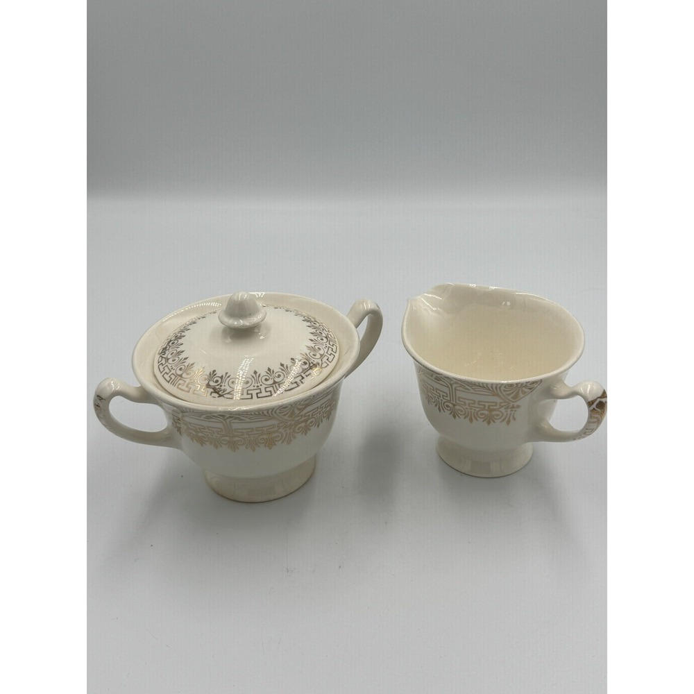Vintage Stetson 22k Gold Sugar Bowl And Creamer Set "Greek Key And Shields"...